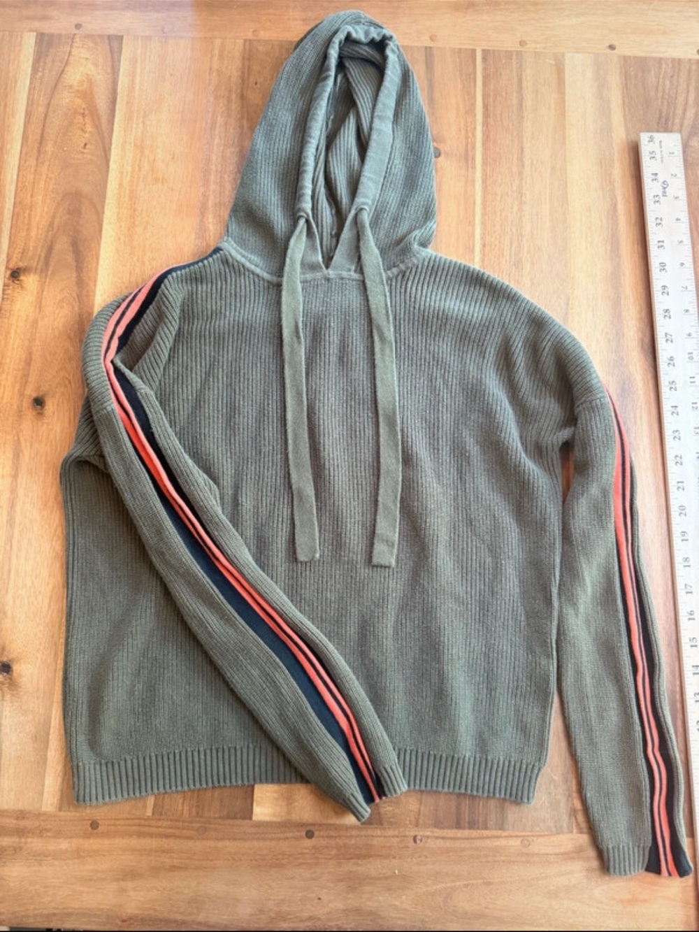 Olive Hooded Knit Sweater with Striped Sleeve Detail - Women's